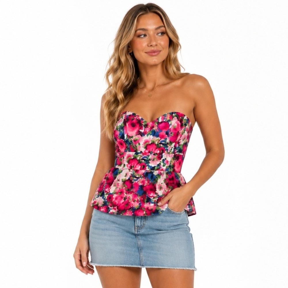 Twentyone Women Medium Floral Strapless Sweetheart Peplum Top Pink Blue Boho